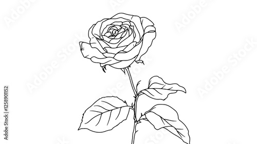 Rose flower line drawing. Leaves accent floral design. Ideal for tattoo art, greeting cards. Minimalist style, black outlines, white background