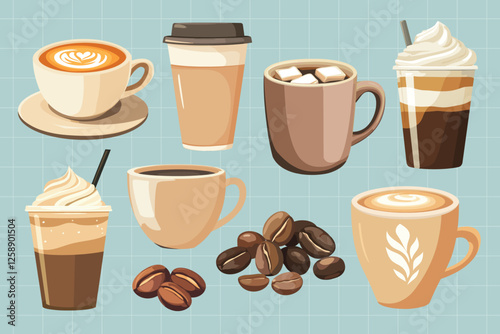 Assorted coffee drinks illustration, vector element set