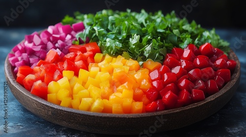 Colorful chopped vegetables arranged neatly on a round plate for fresh meal p...