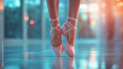 Elegant ballet dancer in soft pink shoes performing on polished floor during ...