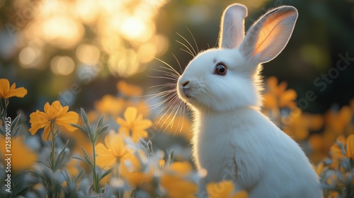 White rabbit sitting among vibrant yellow flowers during sunset
