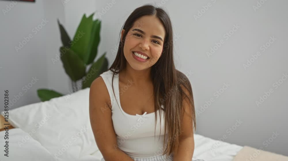 Woman smiling indoors in a bright bedroom, waving at camera, wearing casual clothing, with long brunette hair, sitting on a bed in a cozy home environment. Woman smiling indoors in a bright bedroom, waving at camera, wearing casual clothing, with long brunette hair, sitting on a bed in a cozy home environment.