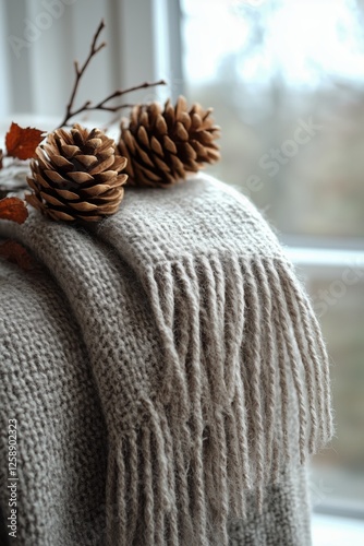 Cozy autumn decor with pinecones and a knitted blanket by the window