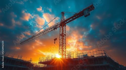 Construction crane silhouetted against a vibrant sunset over a building site