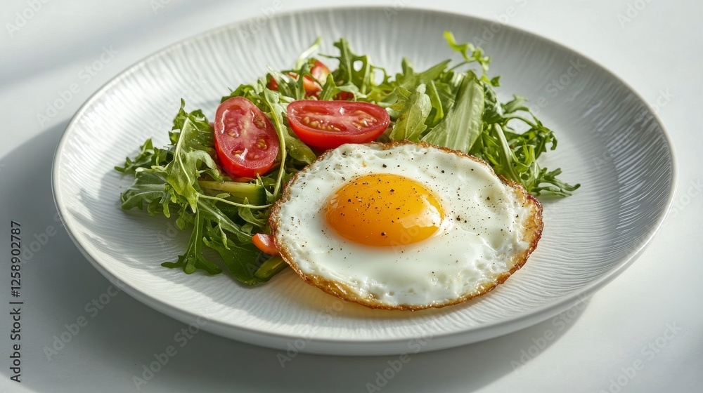 Fried Egg on Arugula Salad on White Plate Fried Egg on Arugula Salad on White Plate