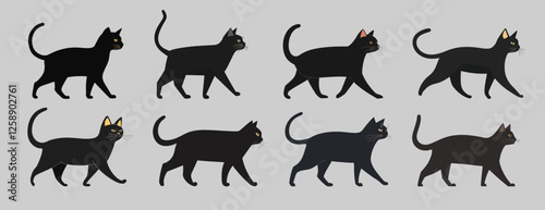 Black cats walking in sequence isolated illustration, vector set