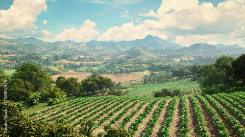 Wallpaper Mural Sunlit Terrace Overlooking Potato Farmland with Mountain View Torontodigital.ca