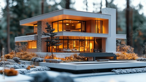 Modern architectural design of a house in the woods during twilight with illu...