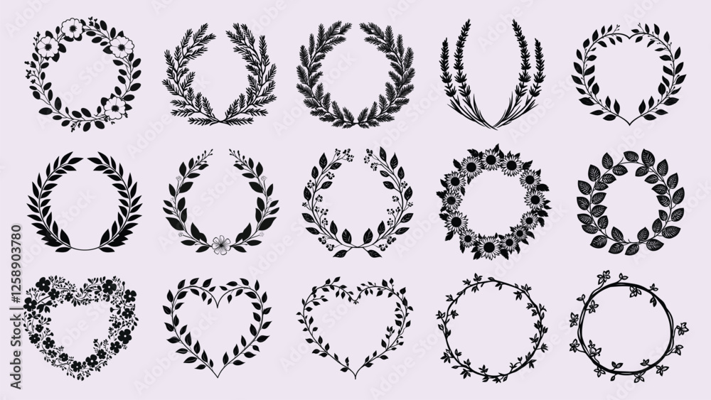 Fototapeta premium Elegant floral wreath designs isolated illustration, vector set