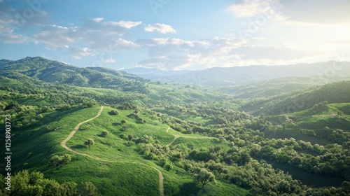 Scenic Ridge Overlooking Lush Agricultural Landscape at Sunrise