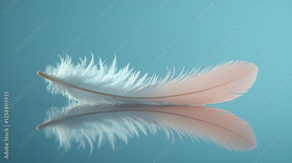 Obraz premium Soft white feather resting on calm blue surface reflecting gentle light