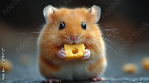 Cute hamster holding a snack on a dark surface in a soft natural light setting