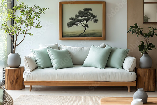 Scandinavian, mid-century home interior design of modern living room in farmhouse. Sofa with mint pillows and wooden side tables. photo