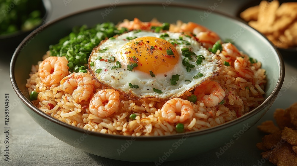 Indonesian nasi goreng topped with fried egg and shrimp crackers on a plate Indonesian nasi goreng topped with fried egg and shrimp crackers on a plate
