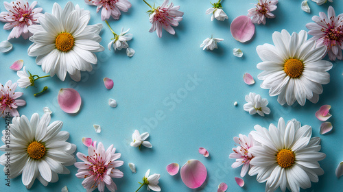 Bright and cheerful floral arrangement with daisies and petals on a smooth blue background