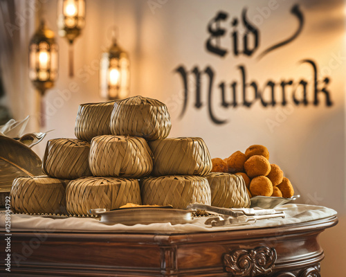 Close up of traditional ketupat (woven rice cake) and Eid al-Fitr tradition photo