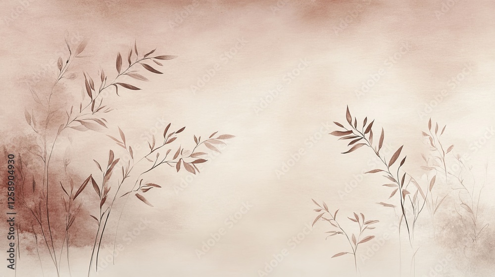 Fototapeta premium Blush And Cream Watercolor Background With Subtle Line Drawings Of Leaves Flowers Romantic Pastel