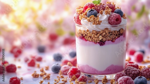 Delicious berry parfait with yogurt and granola on a sunny spring day