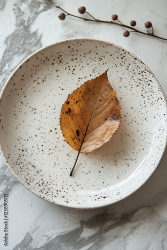 Plate with a single dried leaf resting on a speckled surface in a serene indo...