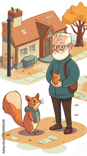 Anthropomorphic Squirrel Family with Generational Theme in Urban Setting