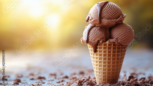 Chocolate ice cream cones stacked with rich chocolate syrup in a sunny outdoo...