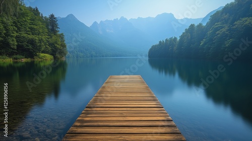 Wooden dock extending into a serene lake surrounded by mountains in the early...