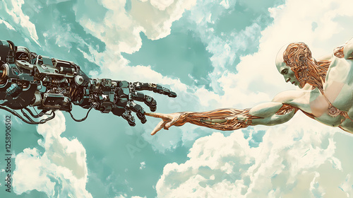 A contemporary reinterpretation of the creation of adam, blending technology with human essence. Mechanical Gods. Illustration photo