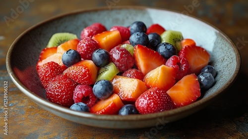 Fresh fruit salad featuring strawberries, blueberries, kiwi, and raspberries ...