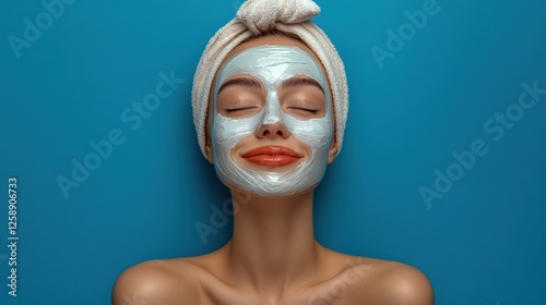 Relaxing Skincare content. young woman with glowing skin, white creamy face mask and a bright smile.