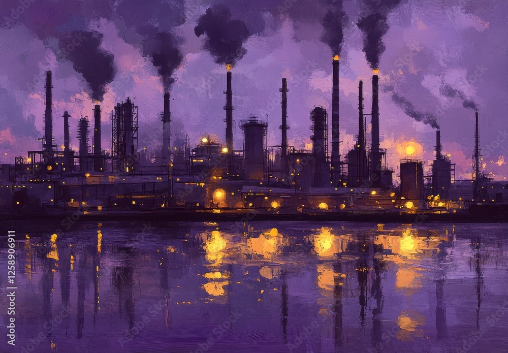 Industrial Factory Complex At Twilight With Purple Hues And Reflections Industrial Factory Complex At Twilight With Purple Hues And Reflections