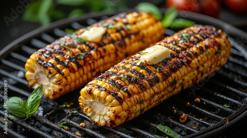 Grilled corn with butter and herbs on a barbecue grill