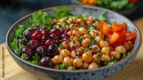 Colorful salad bowl with chickpeas, grapes, and fresh vegetables in natural l...