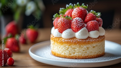 Delightful dessert with fresh strawberries and cream displayed on a wooden table