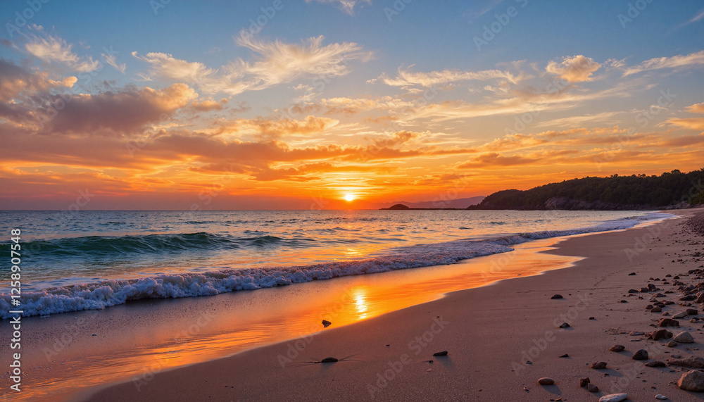 Serene beach at sunset reflecting vibrant colors, natural beauty Serene beach at sunset reflecting vibrant colors, natural beauty