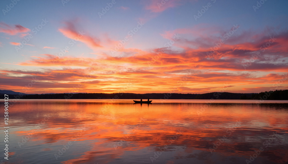 Obraz premium Tranquil sunset over serene lake with lone fisherman in boat, reflection