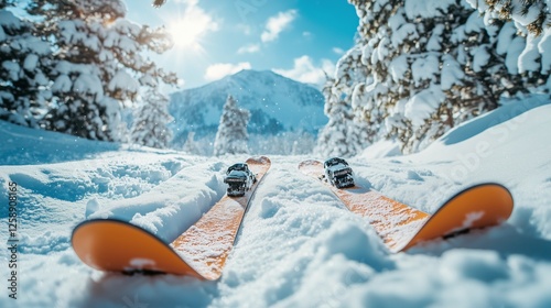 Snowy mountain landscape with skis resting on powdery snow under clear blue s...