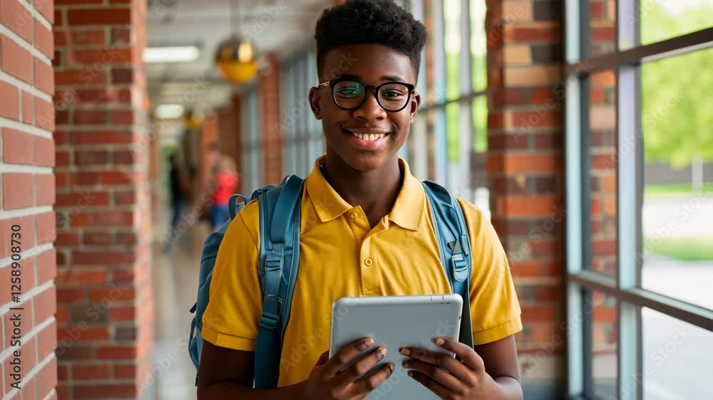 Confident African American Male Student Smiling with Tablet in School Hallway, Bright and Engaging Atmosphere, Education and Technology Concept Confident African American Male Student Smiling with Tablet in School Hallway, Bright and Engaging Atmosphere, Education and Technology Concept