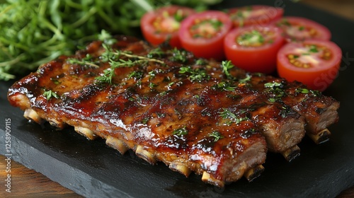 Juicy grilled ribs served with fresh tomatoes and greens on a black slate pla...