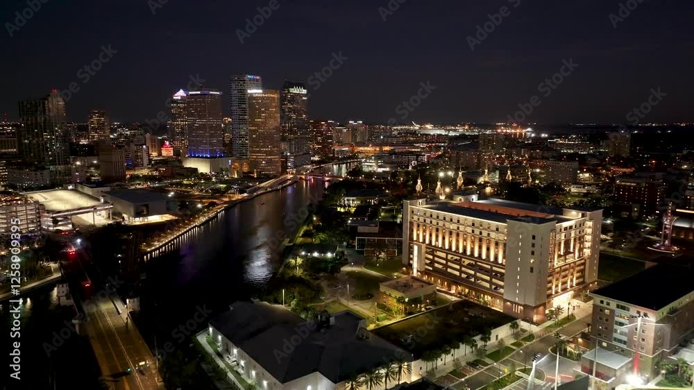 Night Tampa Skyline At Tampa Florida United States. Amazing Skysrapers And Traffic On Street Viewed From Above. Building Town Sky Illuminated Urban. Town Outdoor Illuminated . Tampa Florida.