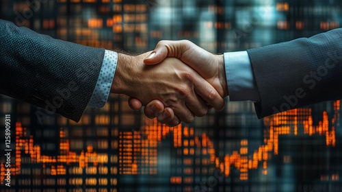 Business professionals engage in handshake to symbolize partnership against f...