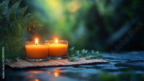 Relaxing ambiance created by glowing candles on a bamboo mat surrounded by lu...