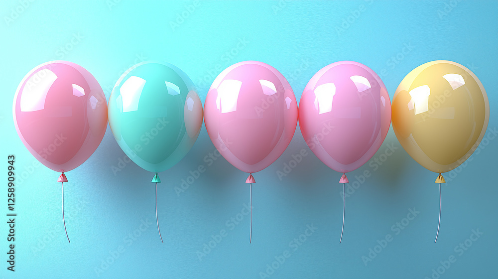 colorful pastel balloons arranged in a row against a gradient blue background, symbolizing fun, celebration, happiness, minimalism, joyful atmosphere, party decoration, childhood memories, and festive colorful pastel balloons arranged in a row against a gradient blue background, symbolizing fun, celebration, happiness, minimalism, joyful atmosphere, party decoration, childhood memories, and festive
