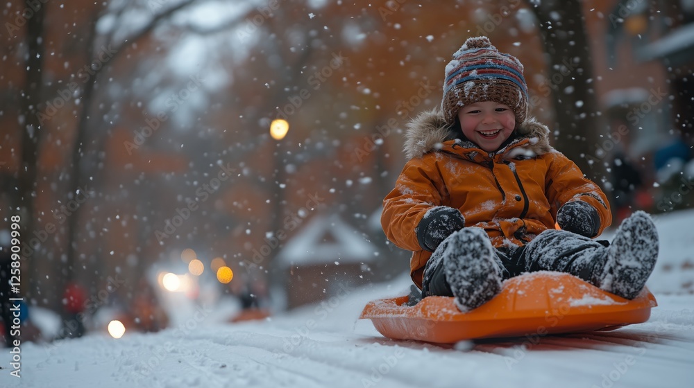 Child enjoying sledding on a snowy hill in a neighborhood during winter Child enjoying sledding on a snowy hill in a neighborhood during winter