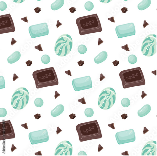 Abstract pattern with peppermint candy and chocolate in flat style.  Delicious seamless pattern. Vector background of mint caramel and pieces of chocolate.