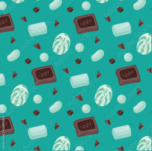 Abstract pattern with peppermint candy and chocolate in flat style.  Delicious seamless pattern. Vector background of mint caramel and pieces of chocolate.