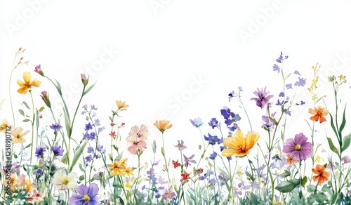 Watercolor wildflowers meadow border, spring floral design, white background, greeting card