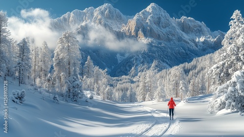 Snowy mountain landscape with a lone hiker trekking through a winter wonderland
