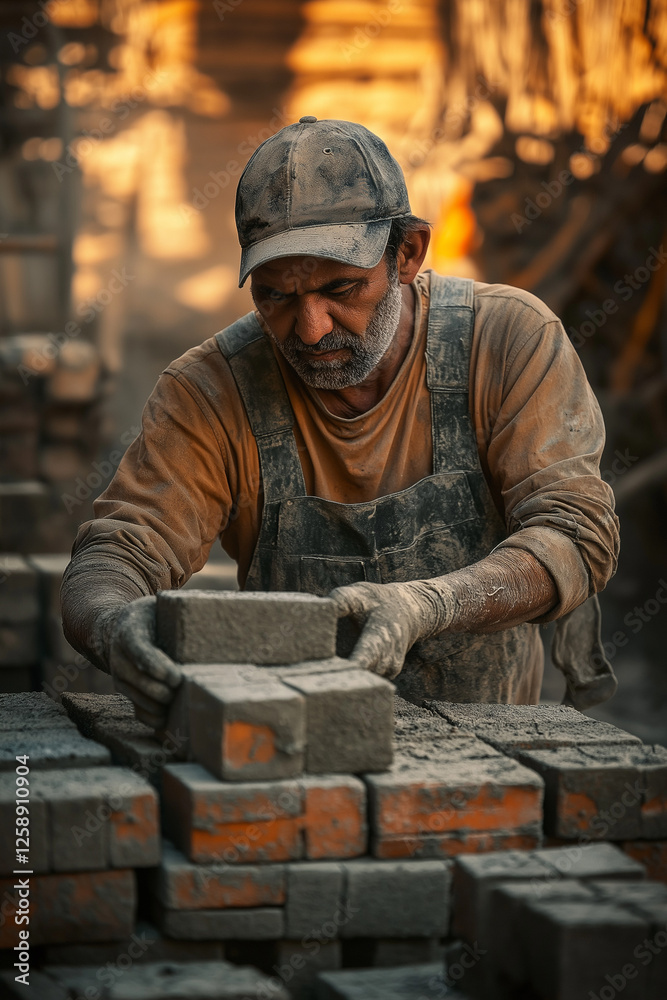 Bricklayer carefully placing a brick with steady hands, applying mortar amid stacks of bricks and tools in an active construction site with warm lighting Generative AI Bricklayer carefully placing a brick with steady hands, applying mortar amid stacks of bricks and tools in an active construction site with warm lighting Generative AI