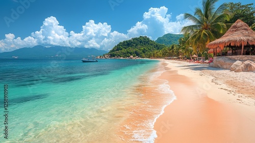 Serene beach view with turquoise water and palm trees under a clear sky