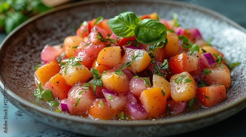 Fresh fruit salad with vibrant colors and herbs on a dark plate